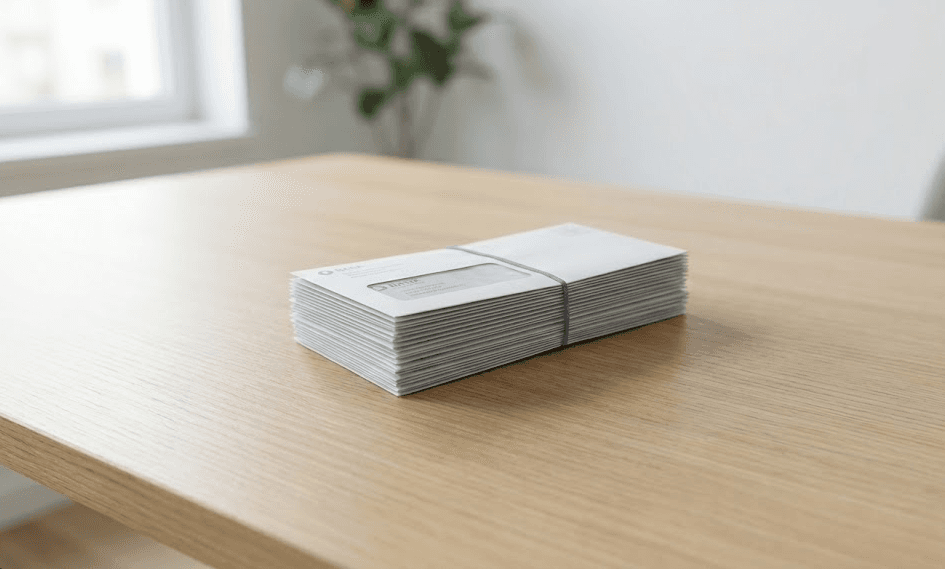 Bundle of unopened envelopes held with a rubber band on a wooden table